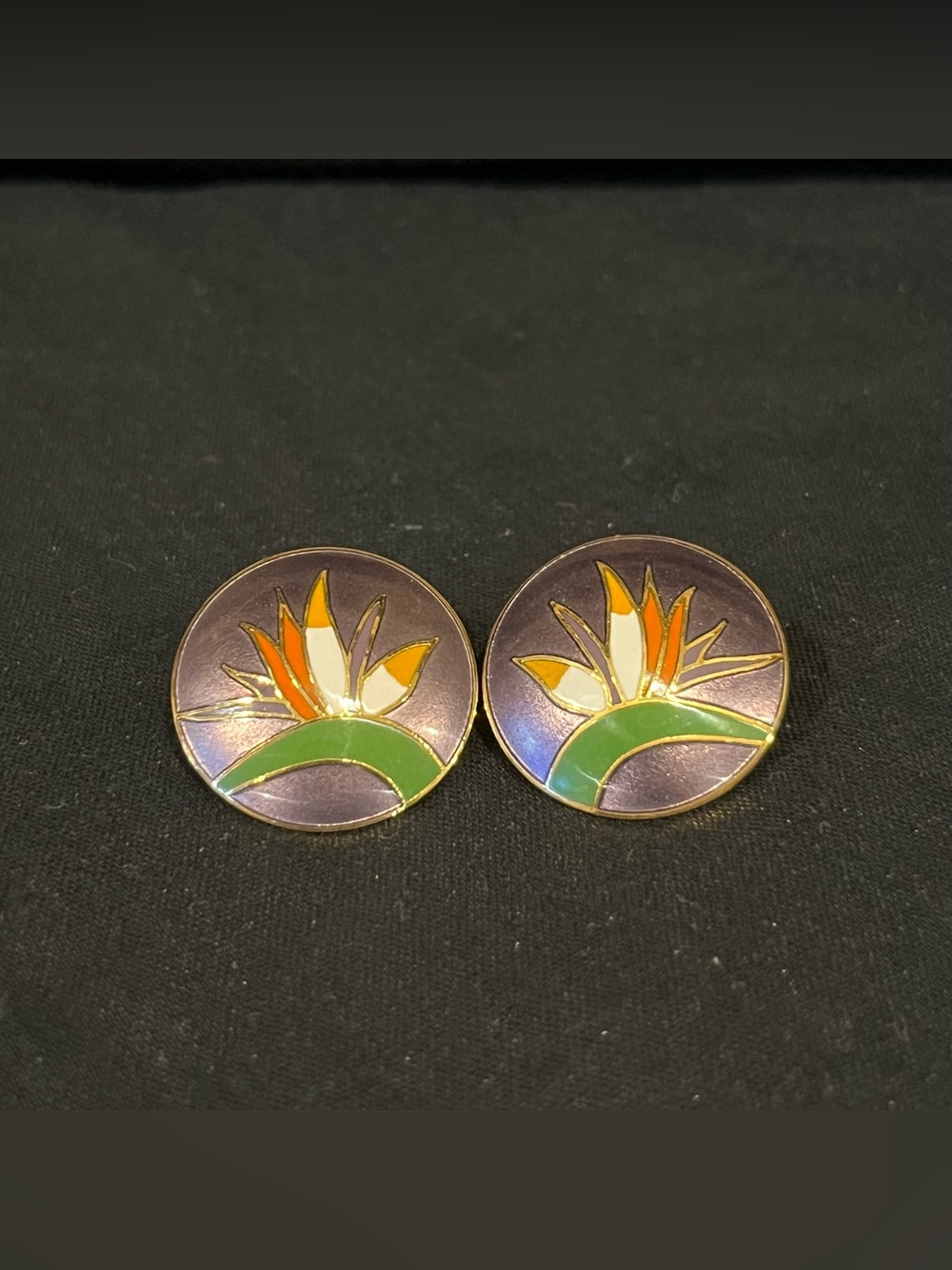 Laurel Burch Vintage 80s Bird of Paradise Enamel Gold Tone Earrings